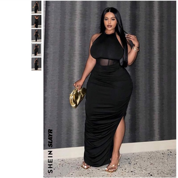 Slayr Plus Contrast Mesh Split Thigh Halter Dress - Picture 1 of 3